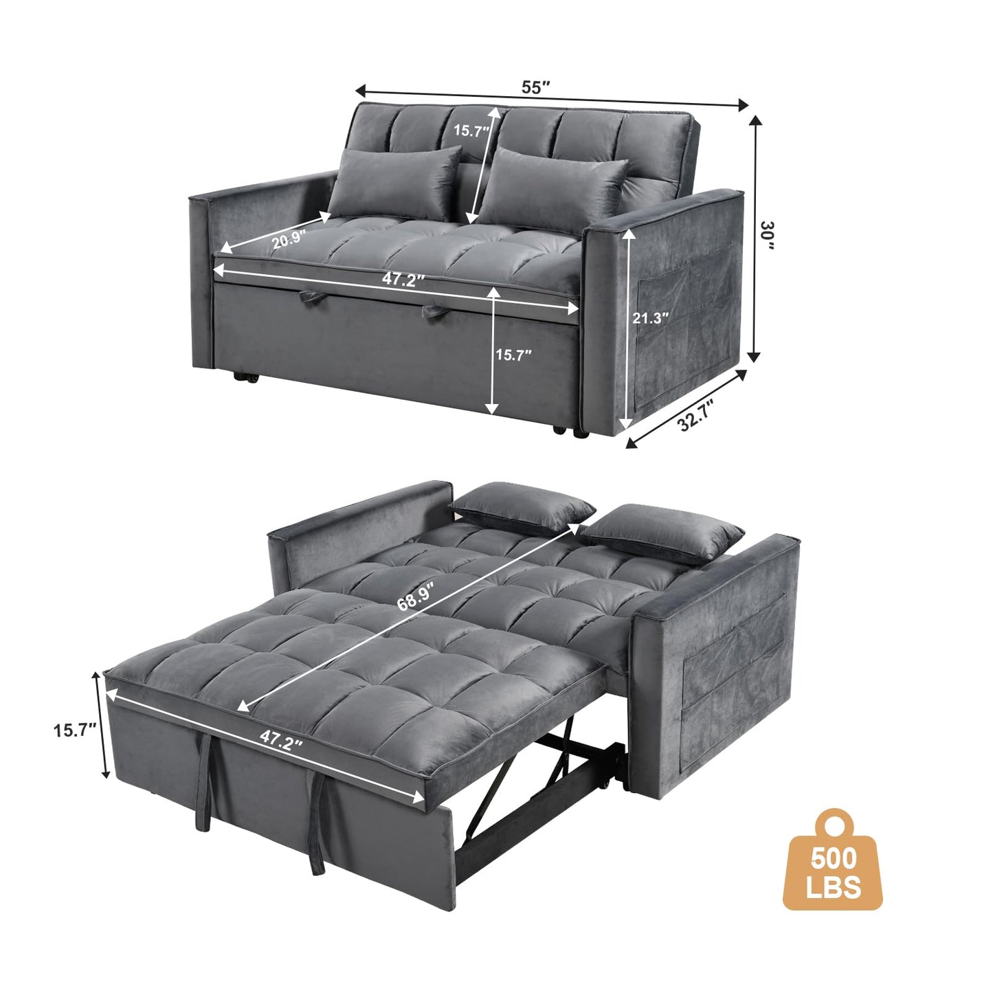 3 in 1 Convertible Sleeper Sofa Bed, Modern Velvet Loveseat Pull-out Sofa Couch w/Pullout Bed, Small Love Seat Lounge Sofa w/Reclining Backrest,Toss Pillows, Pockets, for Living Room (Grey, 55.1)