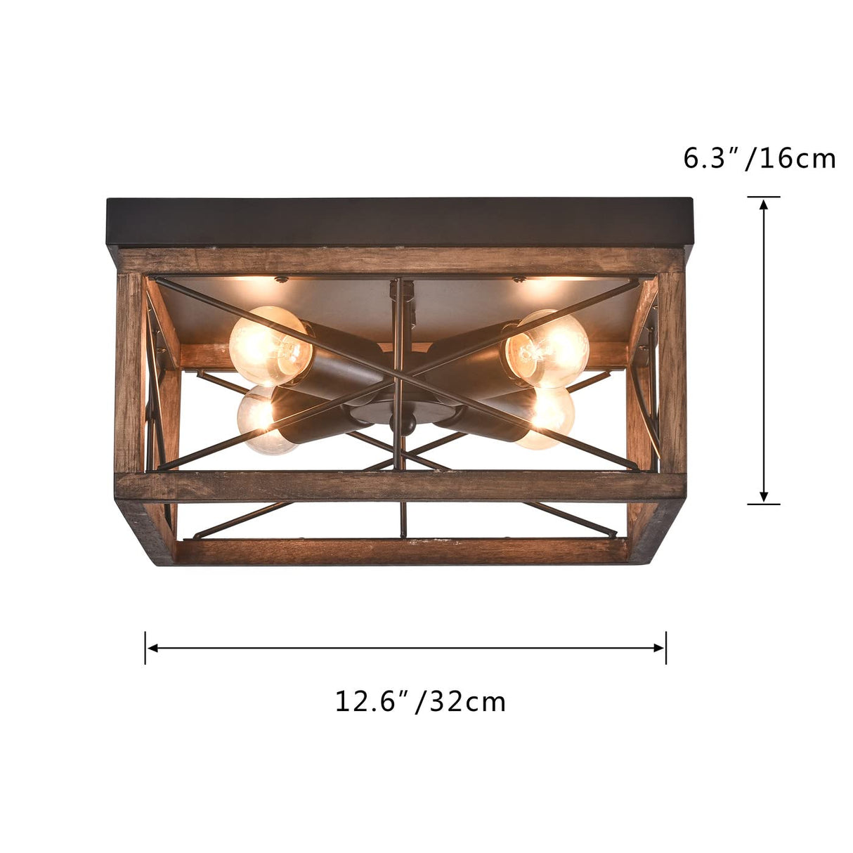 Aiwen 4-Light Rustic Wood Flush Mount Ceiling Light Metal Square Cage Farmhouse Lighting Close to Ceiling Light Fixture Black for Dining Room Bedroom Living Room Kitchen Hallway Entryway Foyer Aiwen
