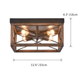 Aiwen 4-Light Rustic Wood Flush Mount Ceiling Light Metal Square Cage Farmhouse Lighting Close to Ceiling Light Fixture Black for Dining Room Bedroom Living Room Kitchen Hallway Entryway Foyer Aiwen