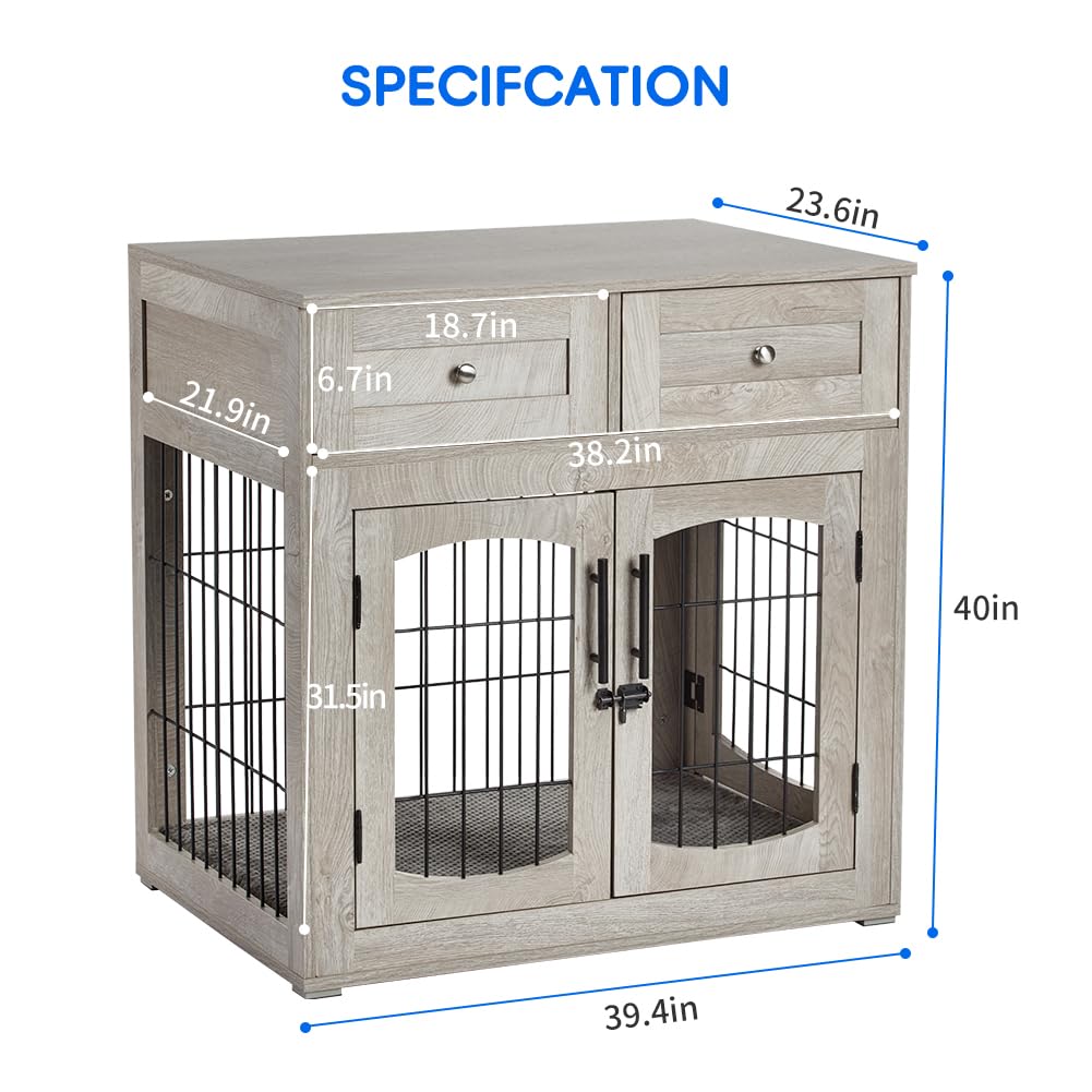 Dog Crate Furniture with 3 Doors,39.4" Large Dog Crate with 2 Drawer & Cushion,Wooden Dog House Kennel for Medium/Large Dog,Dog Crate Table Up to 130 lbs,Indoor End Table Dog House - WoodArtSupply