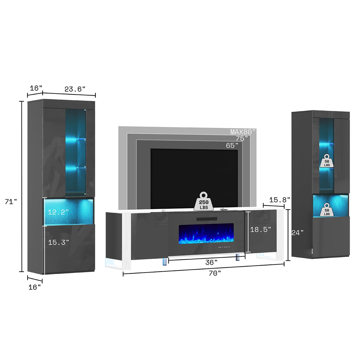 AMERLIFE 70" Modern Fireplace TV Stand with 36" Electric Fireplace & 2 Large Storage LED Bookcases, 3 Piece Living Room Entertainment Center Set for TVs Up to 80in, All Black AMERLIFE