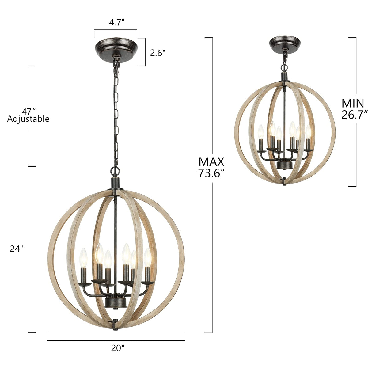 Eco-homely 6 Lights Farmhouse Chandelier - Orb Rustic Wooden Globe Chandelier for Kitchen Island, Foyer, Bedroom and Living Room (20 Inches, 6 Light) Eco-homely