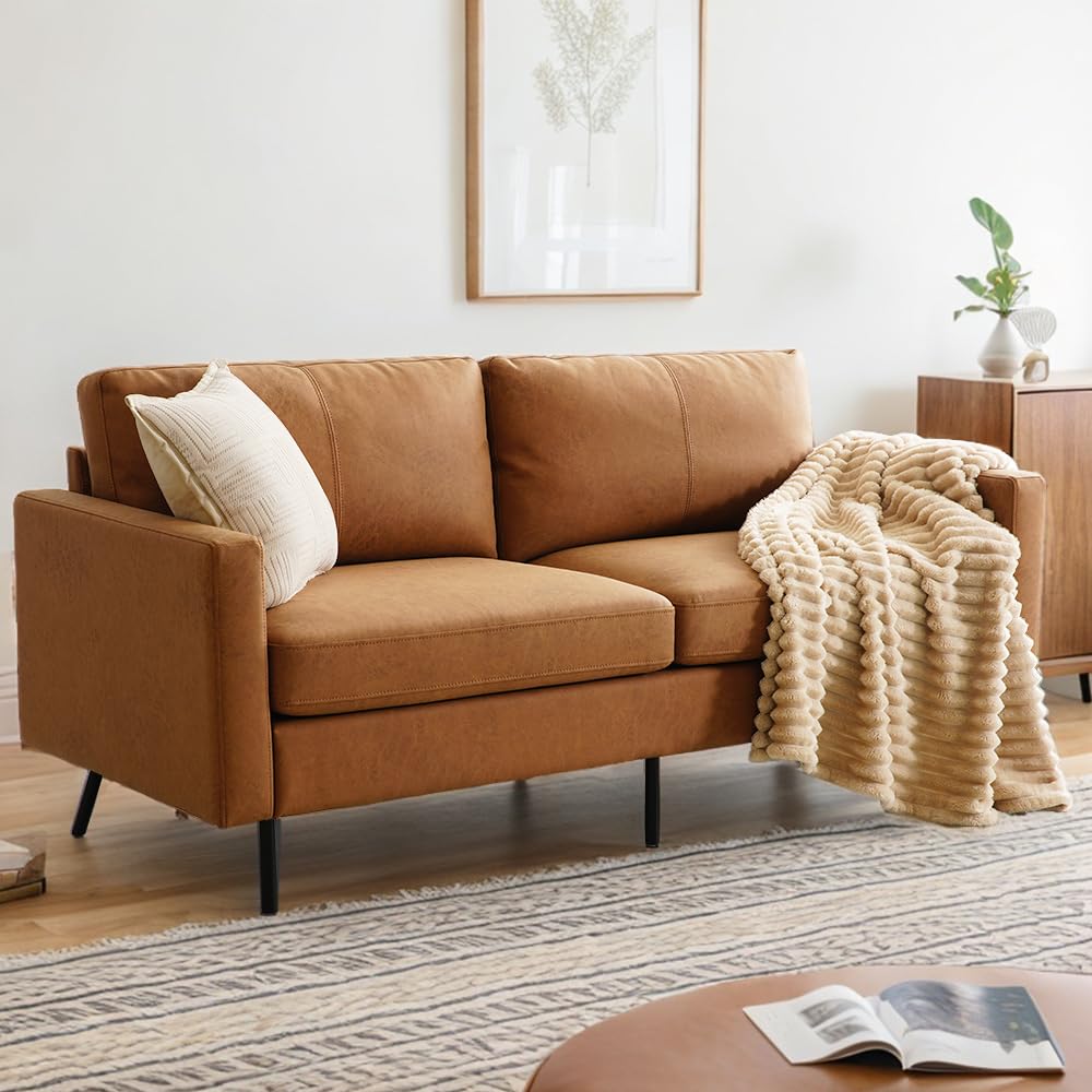 ASHOMELI Modern Living Room Sofa,loveseat Sofa,Soft and Comfortable Couch,Apartments Small Sofa,Removable Back Cushion,Breathing Leather (Brown) ASHOMELI