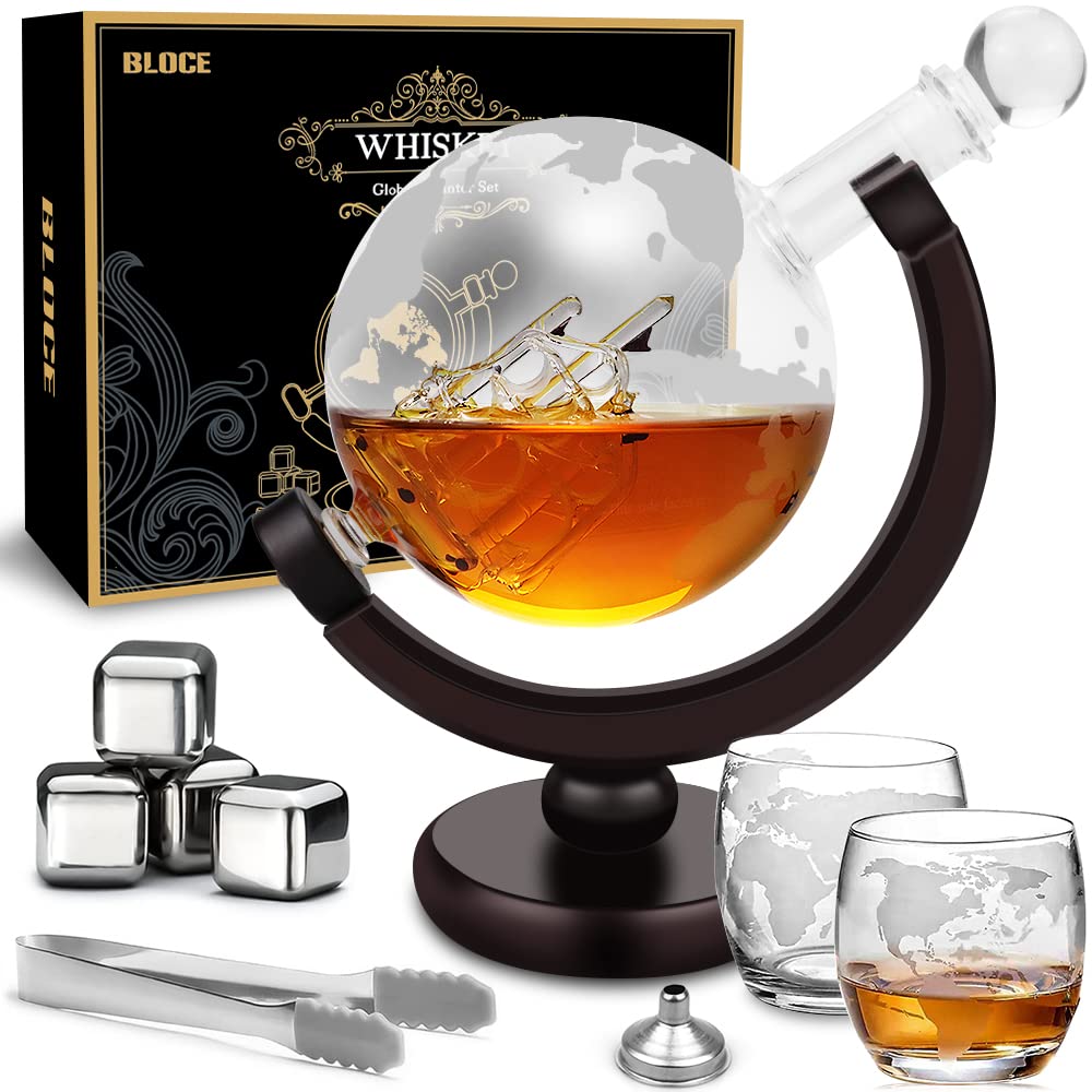 BLOCE Whiskey Decanter Sets for Men with Glasses, Etched World Globe Whiskey Gifts for Dad with 2 Glasses, 4 Ice Cubes Set, Dad Birthday Gift for All Kinds of Alcohol Drinks and Vodka BLOCE