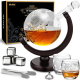 BLOCE Whiskey Decanter Sets for Men with Glasses, Etched World Globe Whiskey Gifts for Dad with 2 Glasses, 4 Ice Cubes Set, Dad Birthday Gift for All Kinds of Alcohol Drinks and Vodka BLOCE