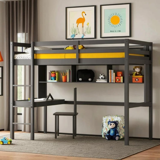 PVWIIK Twin Size Loft Bed with Shelves and Desk,Solid Wood Loft Bed Frame w/Safety Guardrail and Ladder,Space Saving Design, No Box Spring Needed, Grey