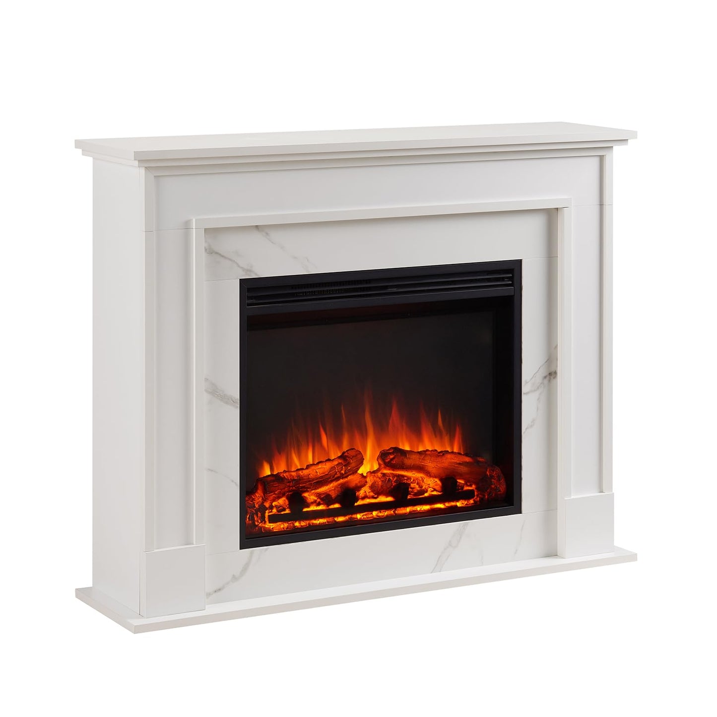 LegendFlame Fireplace Suite Cathrine, 47 Inch Mantel Surround, Cream White with Snow White Marble Finish, with 26 Inch Electric Fireplace Insert, 750W/1500W Heater, Weekly Timer, Remote Control