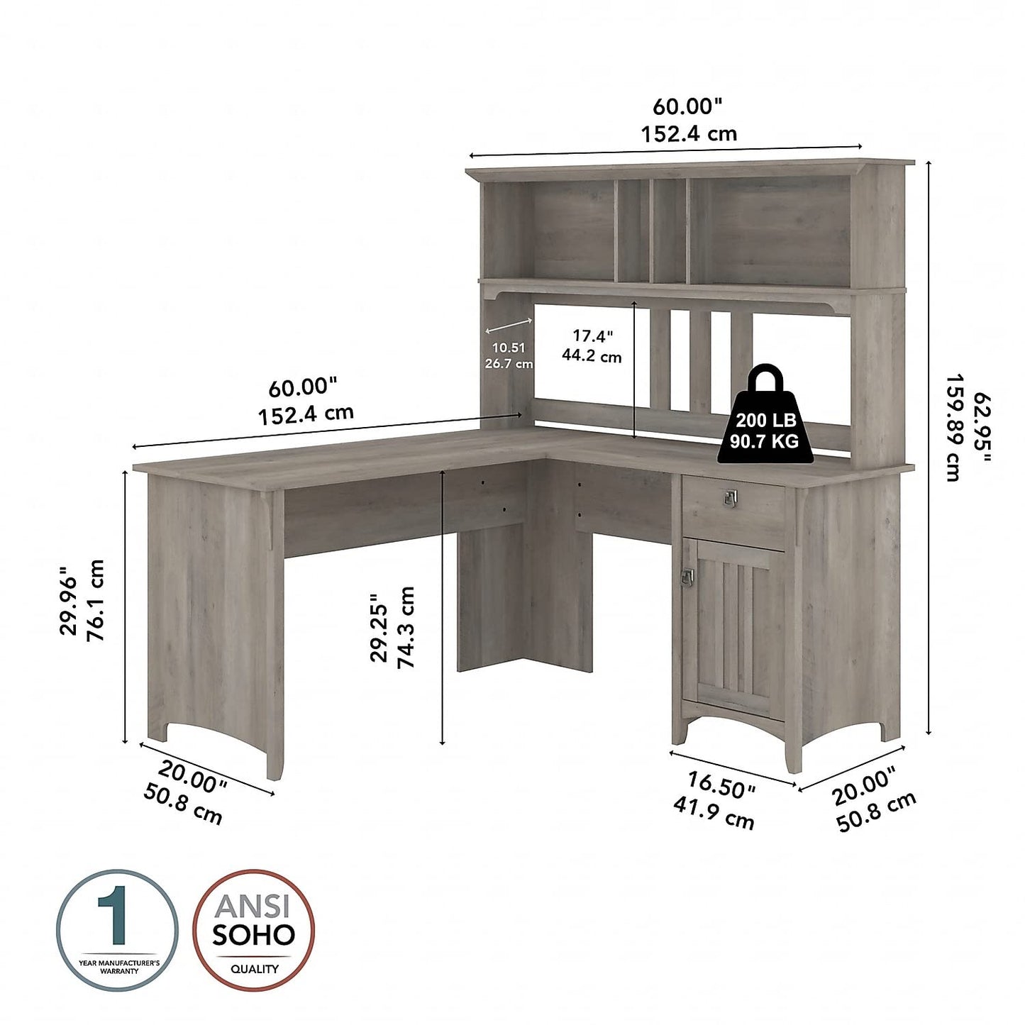 Bush Furniture Salinas L Shaped Desk with Hutch in Driftwood Gray | Corner Table with Drawers and Storage for Home Office - WoodArtSupply