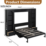 HSUFLWS Queen Size Murphy Bed with Shelves & Cabinets, Foldable Wall Bed with LED Lights, Drawers & Desk, Modern Space Saving Wooden Bed Frame, 500 lbs Capacity (Black) HSUFLWS