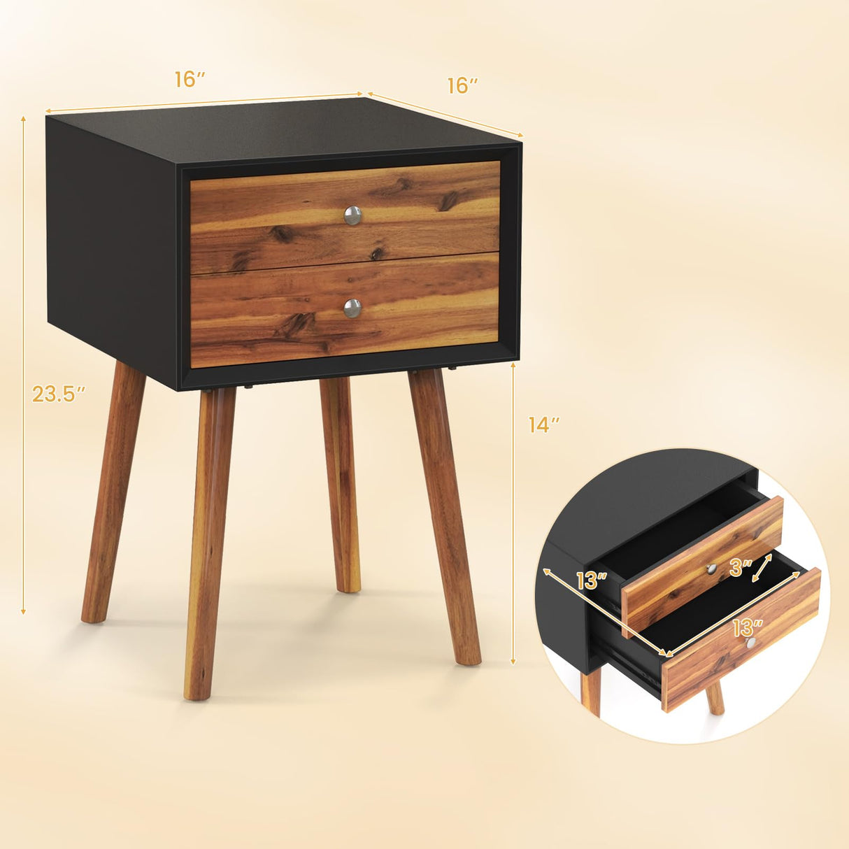 Giantex Nightstand with 2 Drawers, Mid Century Modern Bedside Table with Solid Wood Legs, Practical End Side Table for Living Room Bedroom Small Space, Night Stand, Black & Walnut Giantex