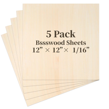 Balsa Wood Sheet, 5 Pack Plywood Sheets, Basswood Sheets 12 X 12 X 1/16 Inch, Unfinished Craft Wood, Thin Wood Boards for Laser Cutting, Engraving, Wood Burning, Crafts MOWPOG