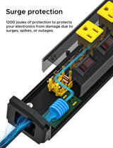 CRST 6 Outlet Metal Heavy Duty Power Strip with Individual Switches, 6FT Wide Spaced Garage Power Strip, Mountable Power Strip Surge Protector (1200 Joules), 15amp/1875W, 14AWG SJT Power Cord CRST