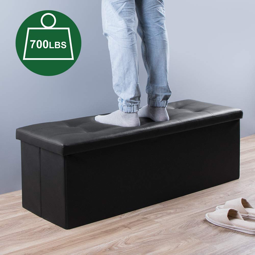 Camabel 43 Inch Folding Storage Ottoman Bench 125L Hold up 700lbs Ottoman with Storage Chest Foam Seat Padded Foot Rest Stool Faux Leather Bedroom Bench with Storage Coffee Table Black Camabel