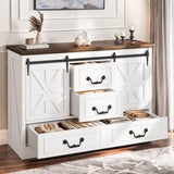 DWVO Farmhouse Buffet Cabinet with Storage, 47.2" Sideboard Cabinet with Sliding Barn Doors & 4 Drawers, Rustic Storage Cabinet for Kitchen, Living Room, Coffee Bar, White DWVO