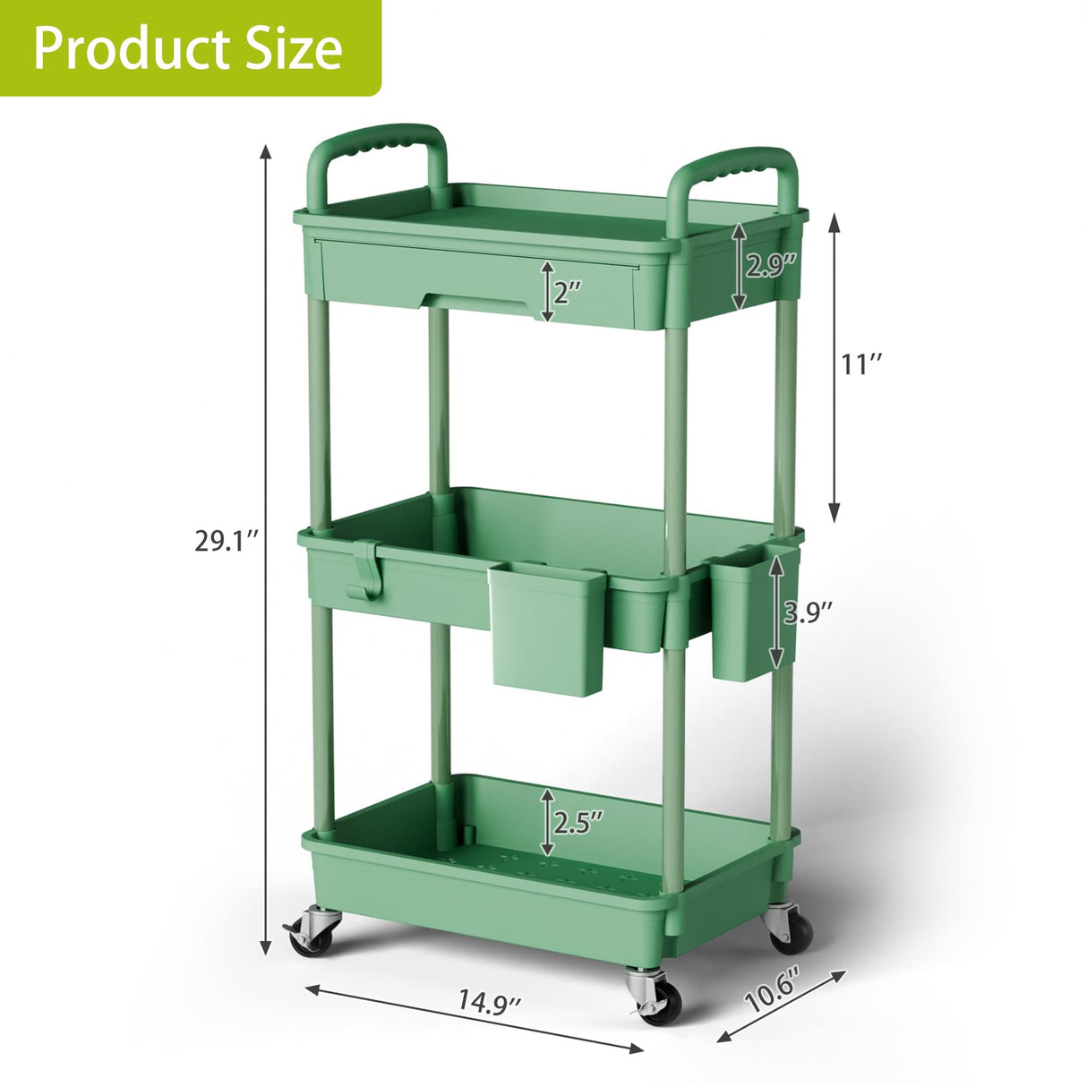 Sorgion 3 Tier Small Rolling Cart Organizer,Laundry Room Bathroom Organizers and Storage Office Shelves Mobile Shelving Unit Kitchen Trolley Cart with Wheels for Art,Craft,Diaper,Bedside,Snack(Green) Sorgion