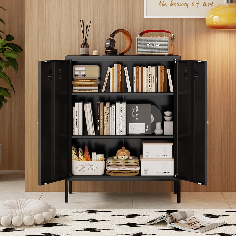SunLinkSan Metal Accent Cabinet,Sideboard Buffet Cabinet for Living Room,Bed Room,Home,Hotel,Office,Garage,School,Kitchen,3-Tier Locker Storage Cabinet,2 Removable Shelves. (Metal Door, Black) SunLinkSan