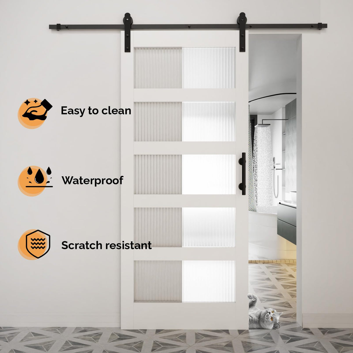 VINGLI 36in x 84in Glass Barn Door with 6.6ft Sliding Barn Door Hardware Kit &Handles, Pre-Drilled Holes Easy Assembly Solid Wood Slab White Sliding Door VINGLI