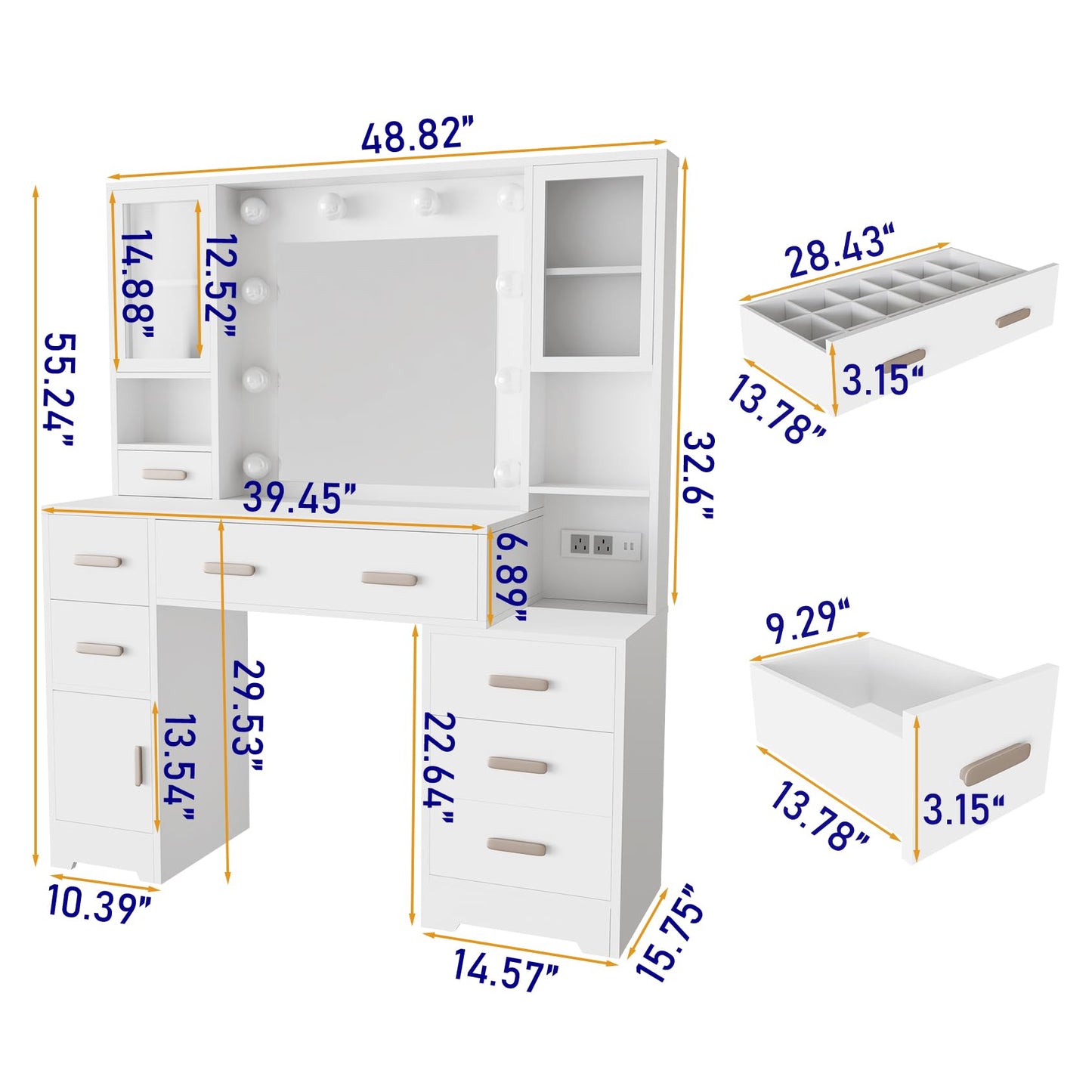 DYHOME Makeup Vanity Desk with Mirror and Lights & Charging Station, 49" Large White Vanity Desk with 3 LED Light Modes, Make Up Vanity Table Makeup Desk with 7 Drawers & 3 Cabinets for Bedroom