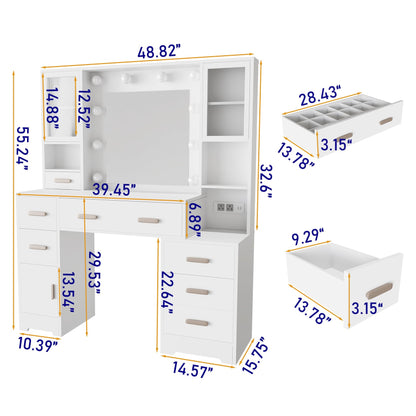 DYHOME Makeup Vanity Desk with Mirror and Lights & Charging Station, 49" Large White Vanity Desk with 3 LED Light Modes, Make Up Vanity Table Makeup Desk with 7 Drawers & 3 Cabinets for Bedroom