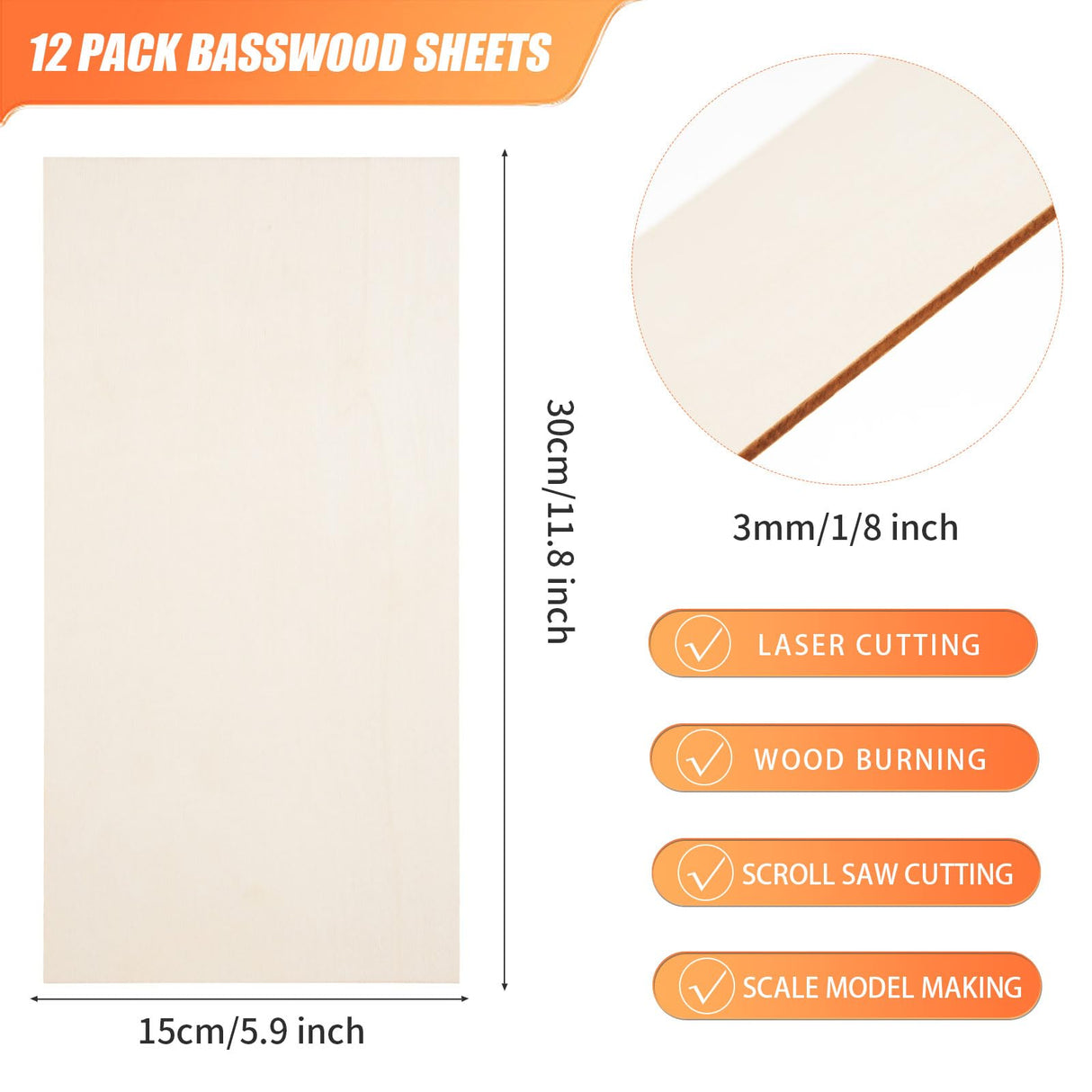 12 Pack Basswood Plywood Sheets 6x12x1/8 Inch-3 mm Thick Unfinished Plywood Sheets Thin Basswood Sheets Boards Craft Wood Sheets for DIY Crafts, Laser Projects, Painting, Wood Burning,Model Making AWIZOM