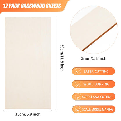 12 Pack Basswood Plywood Sheets 6x12x1/8 Inch-3 mm Thick Unfinished Plywood Sheets Thin Basswood Sheets Boards Craft Wood Sheets for DIY Crafts, Laser Projects, Painting, Wood Burning,Model M - WoodArtSupply