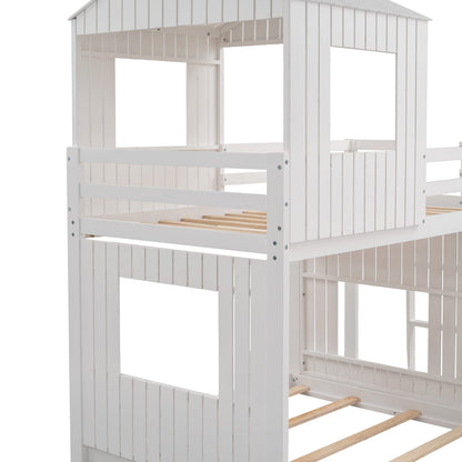 Harper & Bright Designs Twin Over Full Playhouse Bunk Bed with Slide and Roof in White - WoodArtSupply