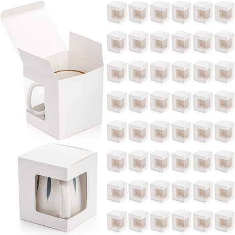 AVLA 50 Pack Gift Boxes for Sublimation Mugs, 4.3x4.3x5'' Small White Packaging Box, 12OZ 15OZ Transparent Cups Wrapping Box with Clear View Window, Cupcake Box Christmas Ornament Box for Wedding AVLA