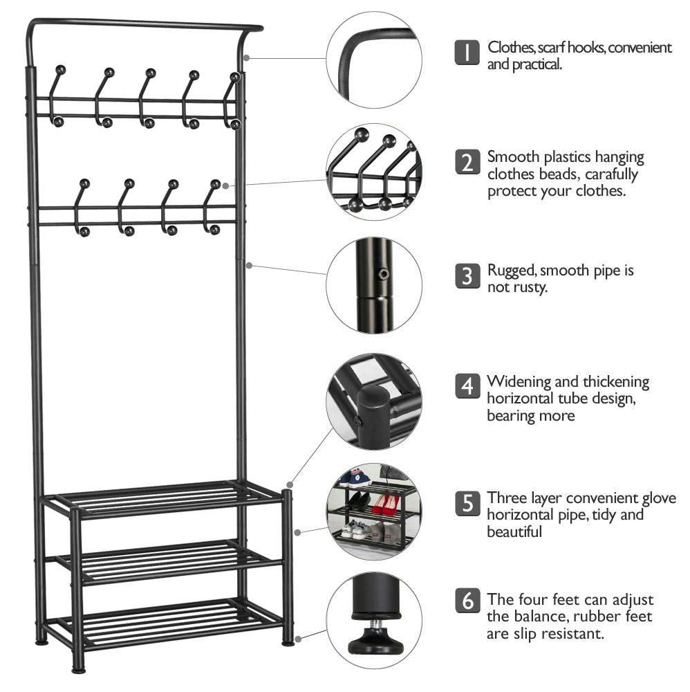 Yaheetech 3-in-1 Coat Rack Shoe Bench, Entryway Hall Tree with 18 Hooks and 3-Tier Shoe Storage Bench, Metal Coat Hat Stand Rod for Hanging Jacket, Easy Assembly, Black - WoodArtSupply