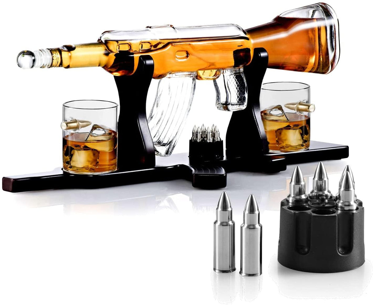 Gun Large Whiskey Decanter Set Bullet Glasses and Bullet Chilling Stones on Rifle Shaped Rich Wood Classic Mahogany Base Tray - Gift Packaging - for Liquor Scotch Bourbon - Gift for Him - By Bezrat Bezrat