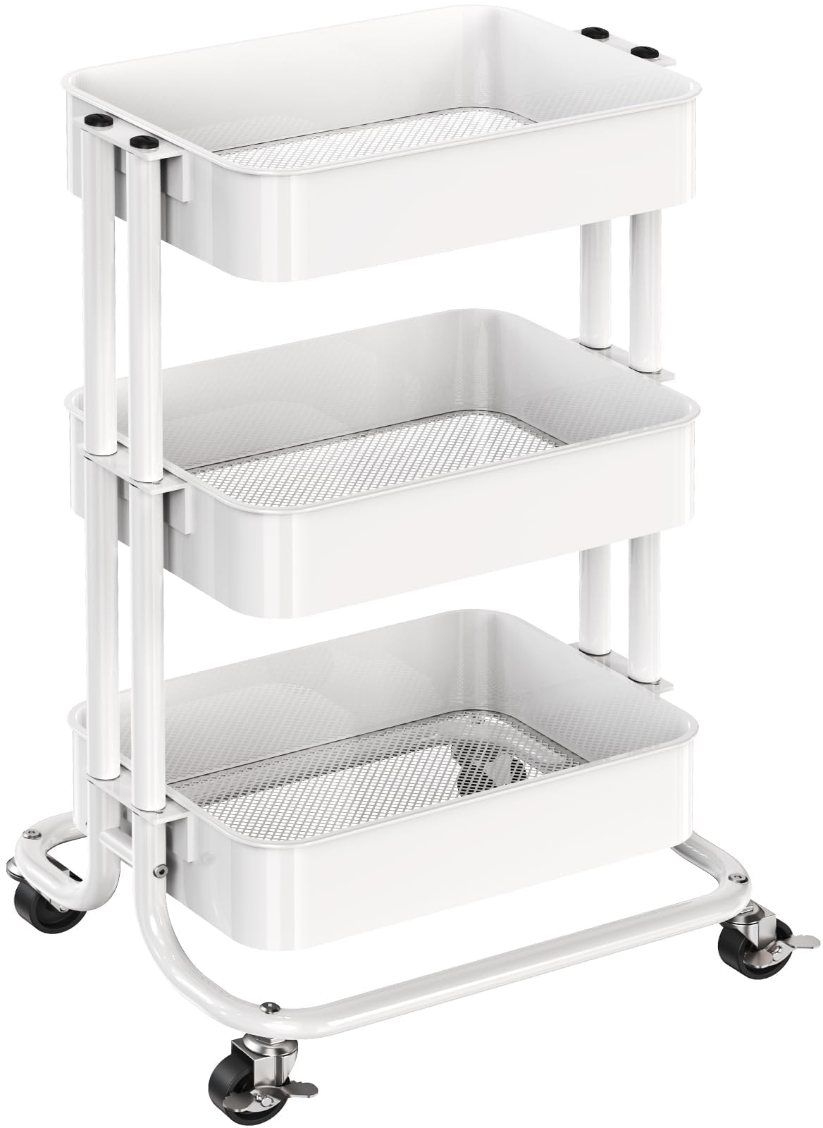 Pipishell 3 Tier Metal Rolling Utility Cart, Heavy-Duty Storage Rolling Cart with 2 Lockable Wheels, Multifunctional Mesh Organization Utility Cart for Kitchen Dining Room Living Room (White) Pipishell