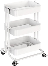 Pipishell 3 Tier Metal Rolling Utility Cart, Heavy-Duty Storage Rolling Cart with 2 Lockable Wheels, Multifunctional Mesh Organization Utility Cart for Kitchen Dining Room Living Room (White) Pipishell