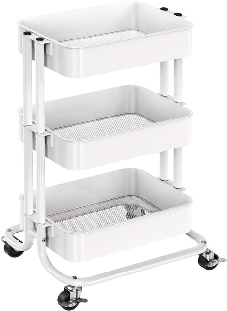 Pipishell 3 Tier Metal Rolling Utility Cart, Heavy-Duty Storage Rolling Cart with 2 Lockable Wheels, Multifunctional Mesh Organization Utility Cart for Kitchen Dining Room Living Room (White) Pipishell