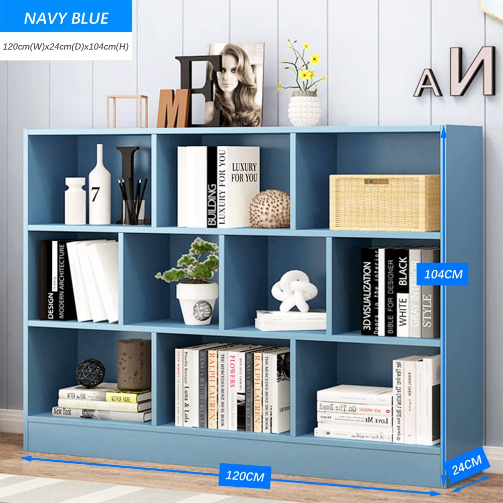 IOTXY Open Shelf Low Bookcase - Wooden 3-Tier Floor Standing Display Cabinet Organizer with Base, 10 Cubes Short Horizontal Bookshelf in Bright Blue IOTXY