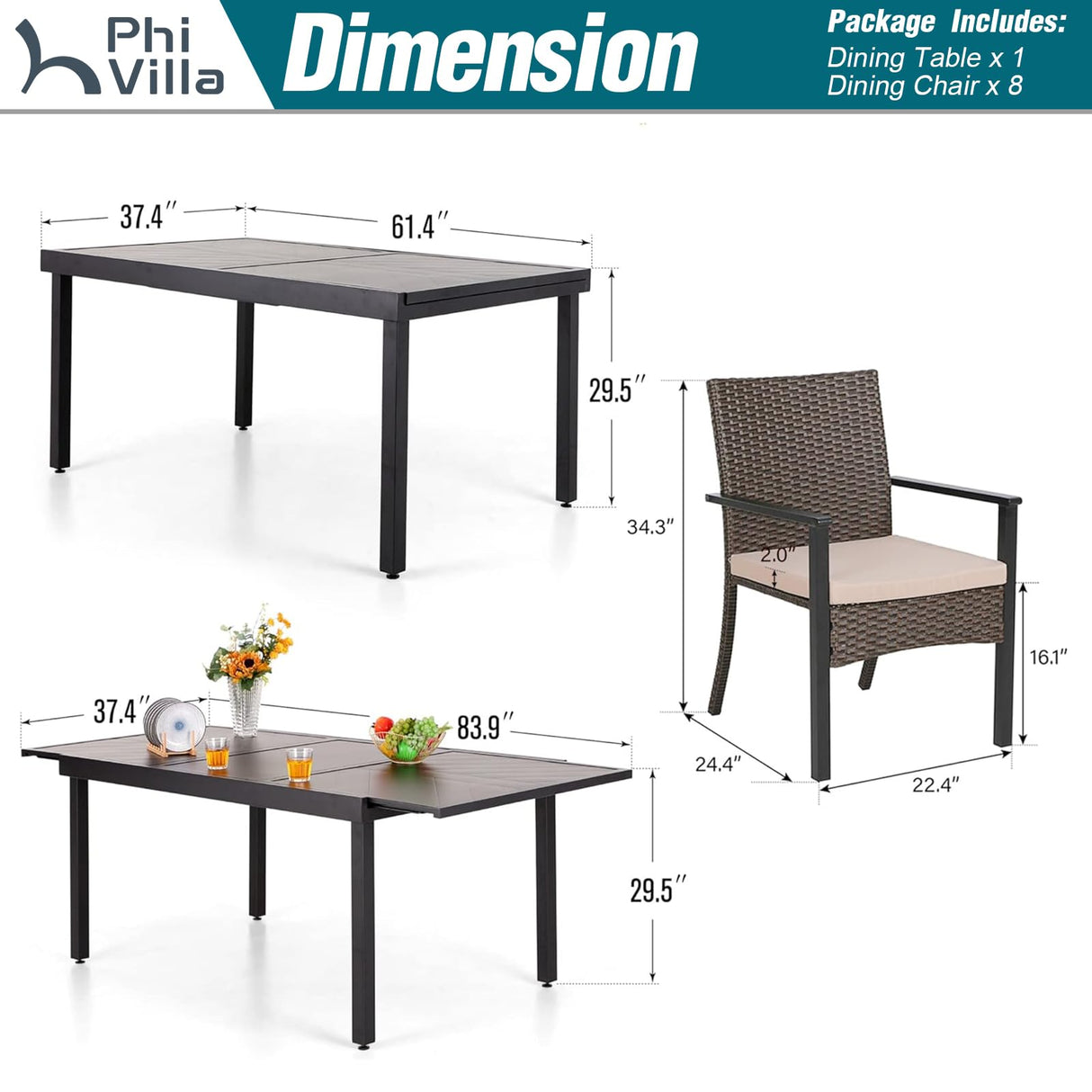 PHI VILLA 9 Piece Outdoor Dining Table Set for 8, Expandable Rectangular Iron Dining Table & Rattan Wicker Chairs with Cushions, Large Dining Furniture Set for Patio, Deck, Yard PHI VILLA