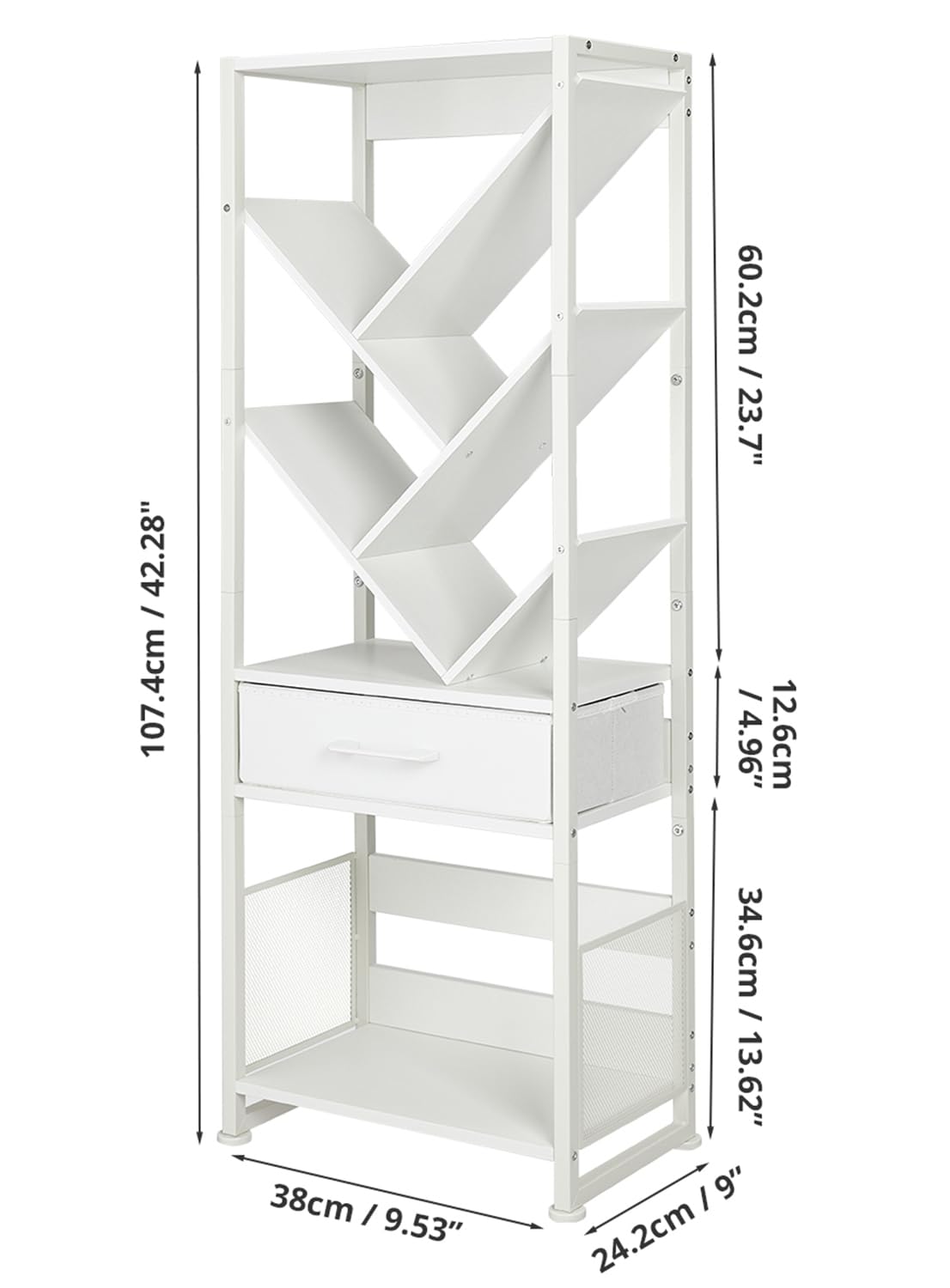 ZEXVIDA Bookshelf with Drawer,8 Tier Tree Bookcase Retro Floor Standing Bookshelves,Tall Wood Bookcases with Cabinet Storage Organizer for Living Room, Bedroom & Home Office, White ZEXVIDA