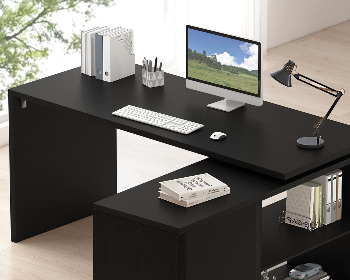 HSH Black L Shaped Computer Desk, Corner Desk with Storage Cabinet Drawer Shelves, Reversible Industrial Wood Executive Workstation, L-shaped Home Office Table for Work Study Writing Gaming, 55 Inch HSH