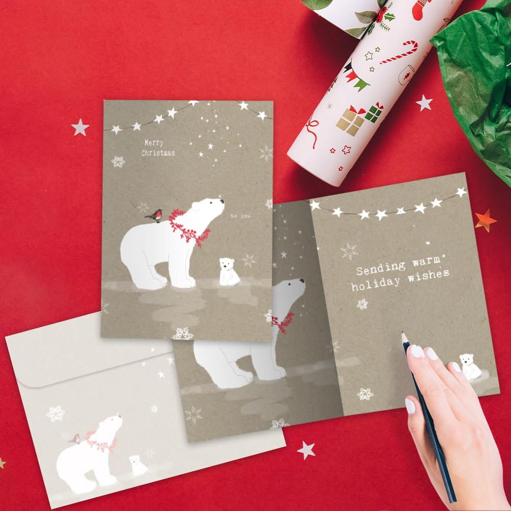 Tree-Free Greetings Holiday Greeting Cards, Polar Bear Merry Christmas, Vintage Brown Recycled Paper, Boxed Note Card Set, 10-Pack (HB93300) Tree-Free Greetings