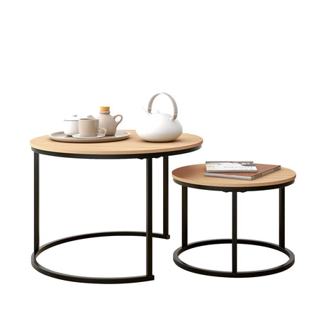 HOJINLINERO Industrial Round Coffee Table Set of 2 End Table for Living Room,Stacking Side Tables, Sturdy and Easy Assembly,Wood Look Accent Furniture with Metal Frame,Black+Teak OAKDK HOJINLINERO