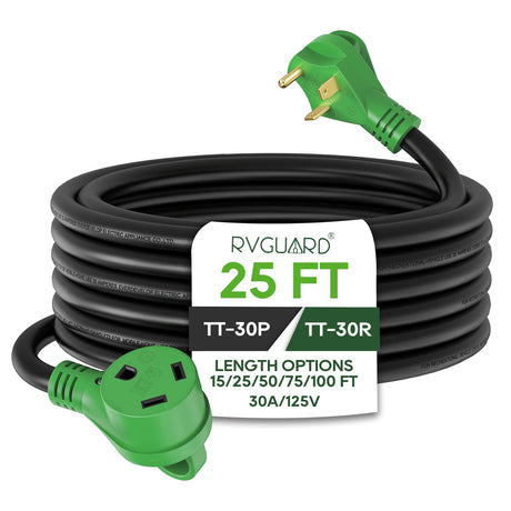 RVGUARD 30 Amp 25 Foot RV Extension Cord, Heavy Duty 10/3 Gauge STW Cord with LED Power Indicator and Cord Organizer, TT-30P/R Standard Plug, Green, ETL Listed RVGUARD