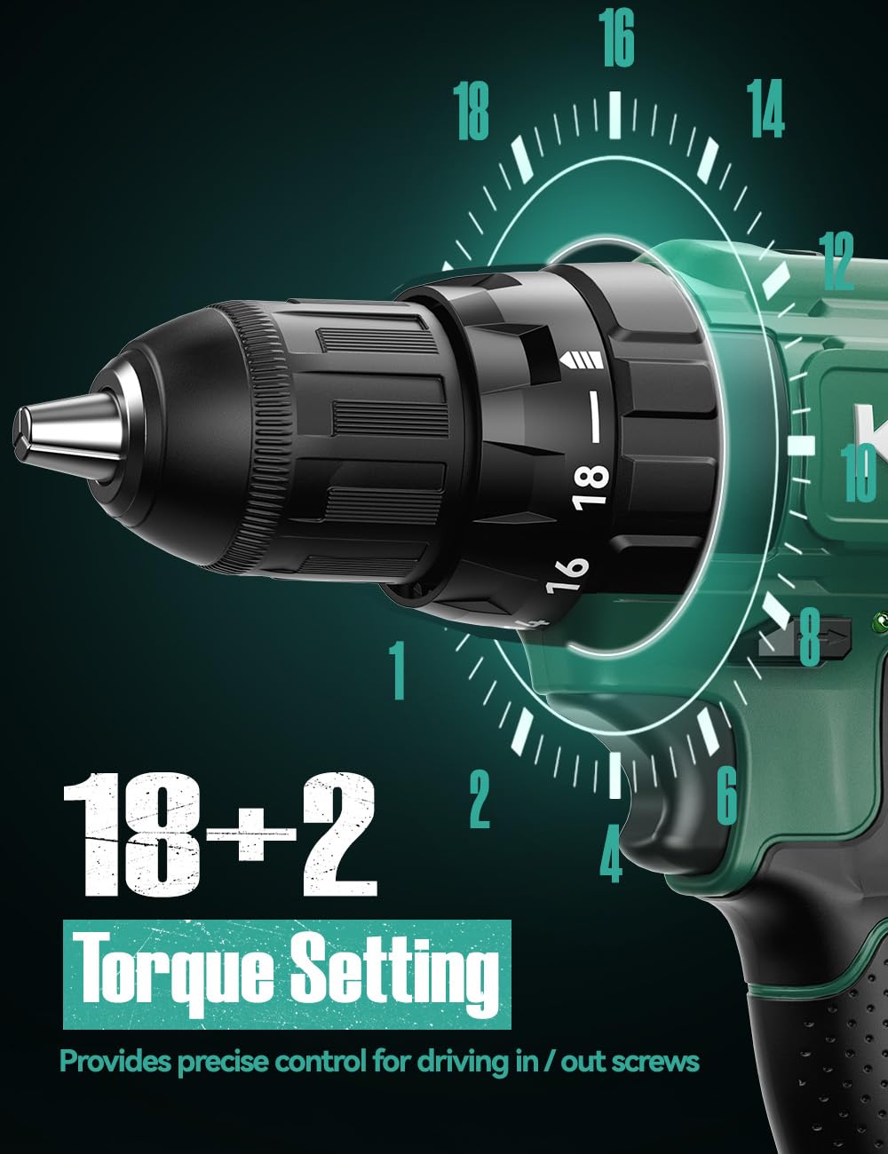 KIMO 20V Cordless Drill Set with 2 Packs 2.0Ah Battery, Max 350 In-lb Torque, 1350 RPM, 3/8" Keyless Chuck, 18+2 Clutch Setting, 18pcs Accessories, Power Drill for Drilling Wood Bricks Walls Metal K I M O.