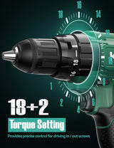 KIMO 20V Cordless Drill Set with 2 Packs 2.0Ah Battery, Max 350 In-lb Torque, 1350 RPM, 3/8" Keyless Chuck, 18+2 Clutch Setting, 18pcs Accessories, Power Drill for Drilling Wood Bricks Walls Metal K I M O.
