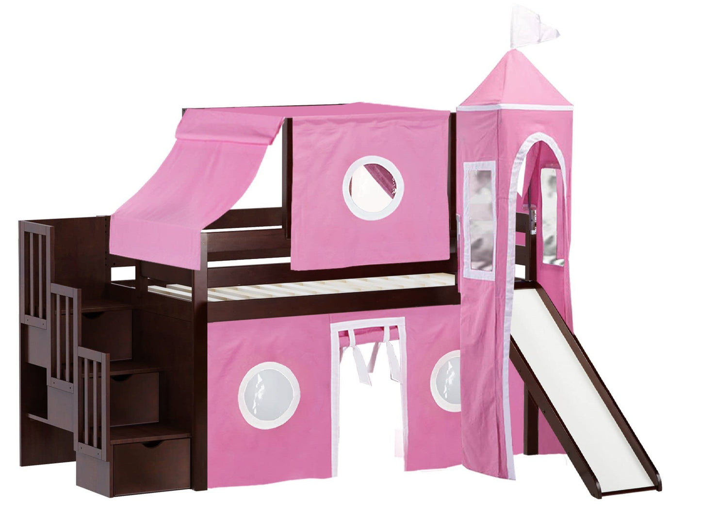 JACKPOT! Princess Stairway Low Loft Bed with 3 Drawers, Slide, Pink and White Tent and Tower, Twin, Cherry