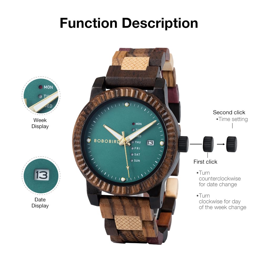 BOBO BIRD Mens Wooden Watch Analog Quartz with Week Display Lightweight Handmade Wood Wrist Watch for Men (Green) BOBO BIRD