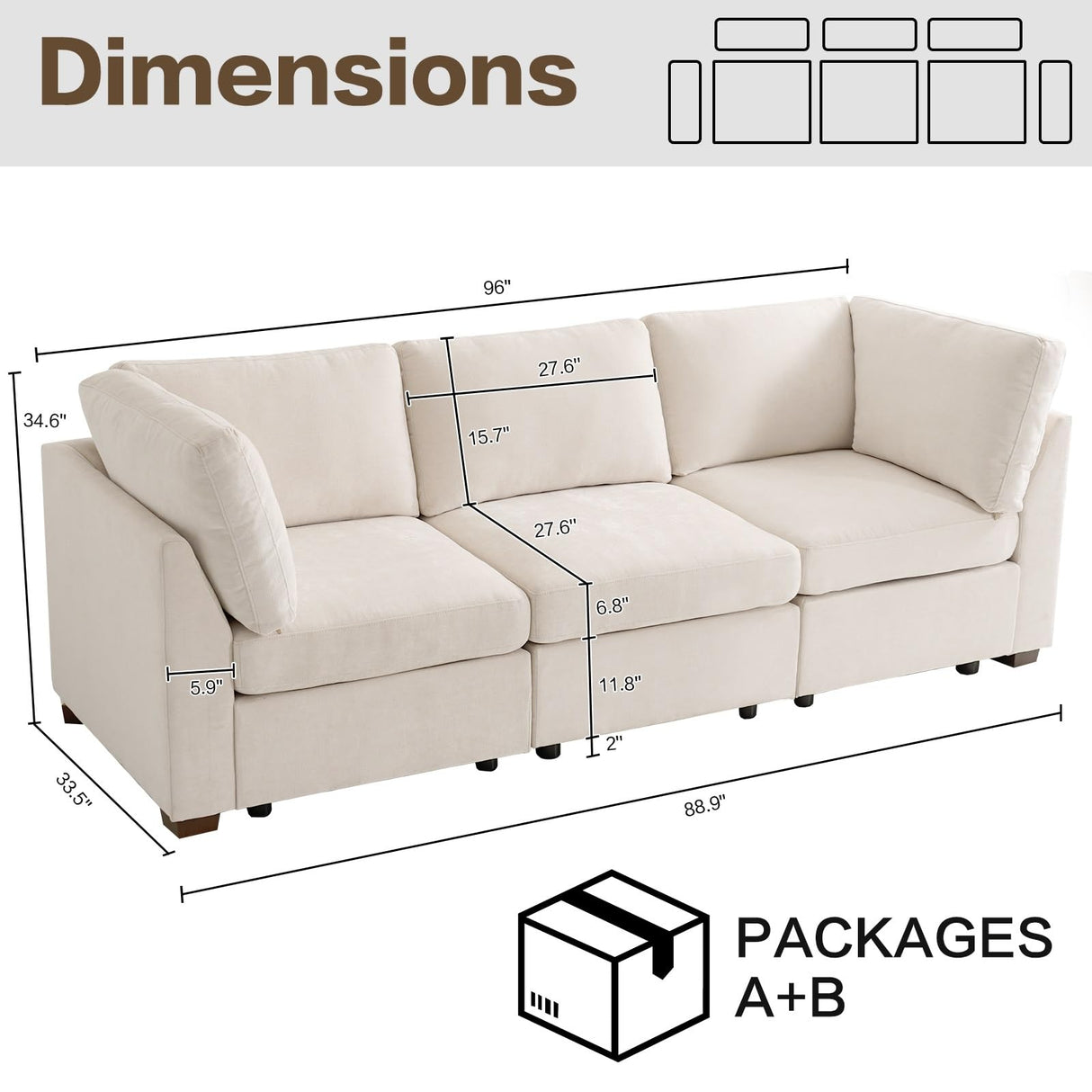 WARM HARBOR Oversized Modular Sectional Fabric Sofa Set, Large L Shaped Mordern Sofa Couch Reversible Chaise Modular Sectional Couches, 96 inch Width,3 Seat Modular Sofas, Beige,Linen WARM HARBOR