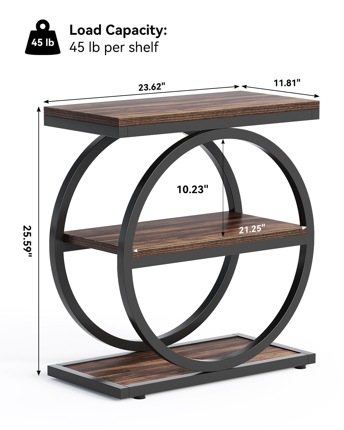 LITTLE TREE End Table, 3-Tier Side Table, Slim Sofa Side Table for Living Room, Tall Bedside Table Nightstand for Bedroom, Rustic Brown and Black LITTLE TREE