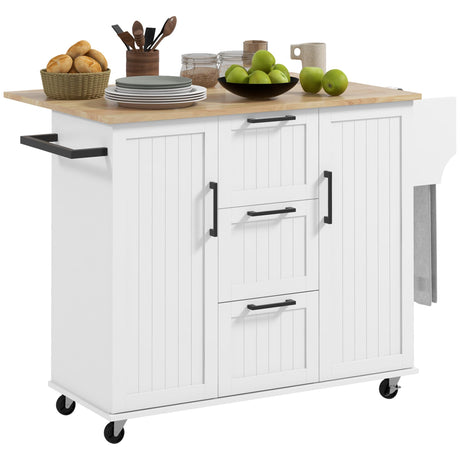 HOMCOM Kitchen Island with Drop Leaf, Rolling Kitchen Cart on Wheels with 3 Drawers, 2 Cabinets, Natural Wood Top, Spice Rack and Towel Rack, White HOMCOM