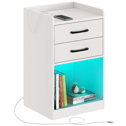 Seventable Nightstand with Charging Station and LED Lights, Modern Night Stand with 2 Drawers and Storage Open Compartment for Bedroom, White - WoodArtSupply