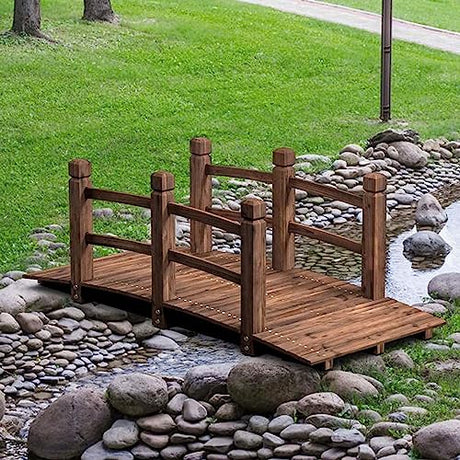 Wooden Garden Bridge, Arc Stained Finish Footbridge Decorative Backyard Bridge with Double Safety Railings, for Garden Yard Patio Courtyard Farm Stream Creek Walkway WoodArtSupply