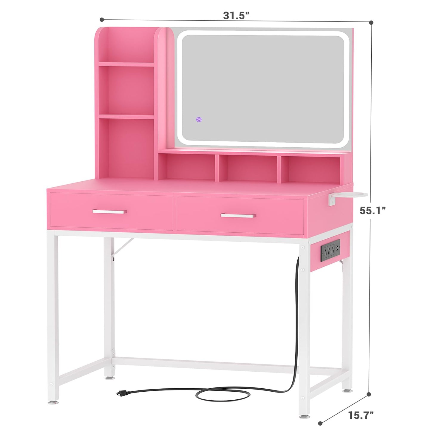 Small Vanity Desk, Vanity Desk with Mirror and Lights, Makeup Vanity Desk with Power Strip, Vanity Table with Drawers and Shelves, Adjustable Lighting, Dressing Table for Bedroom Dressing Room, Pink