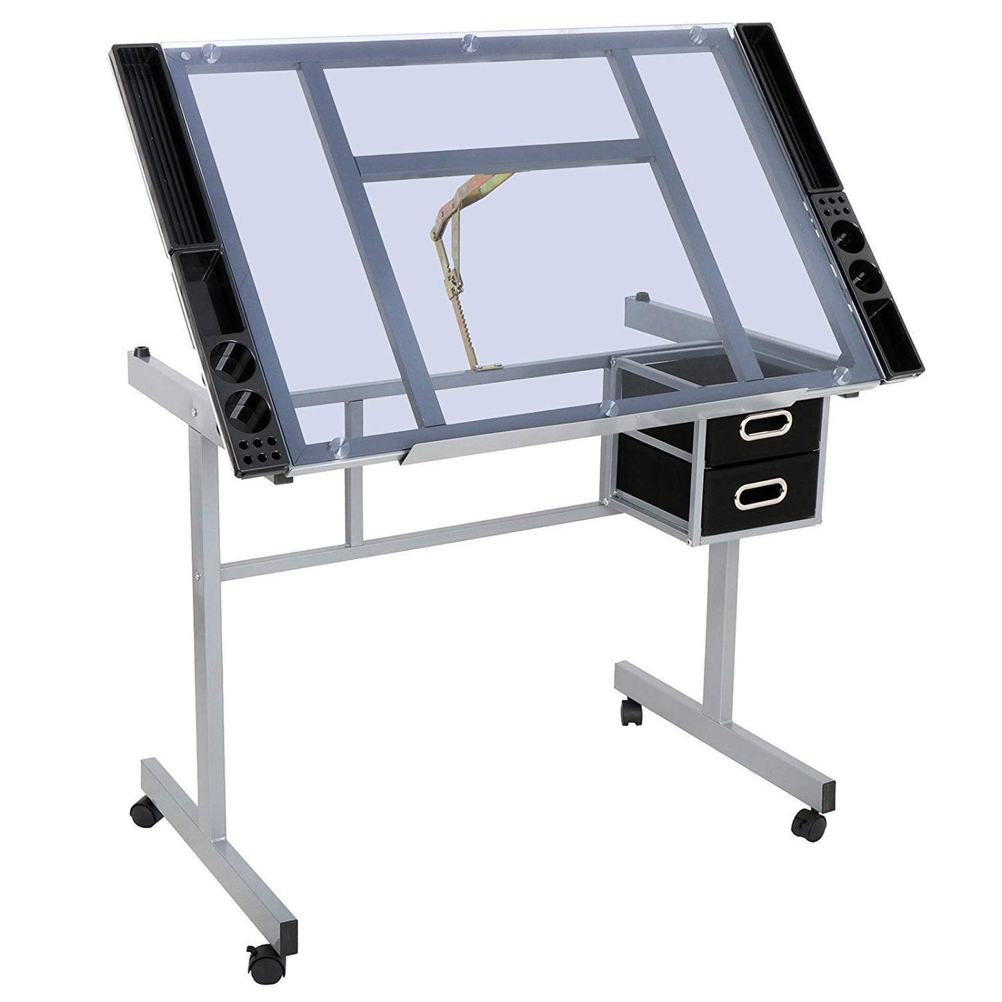 BBBuy Adjustable Drafting Table Drawing Desk Art Craft Station Drafting Desk Glass Tabletop w/2 Slide Drawers and Wheels for Drawing, Sketching, Reading, Painting Home Office